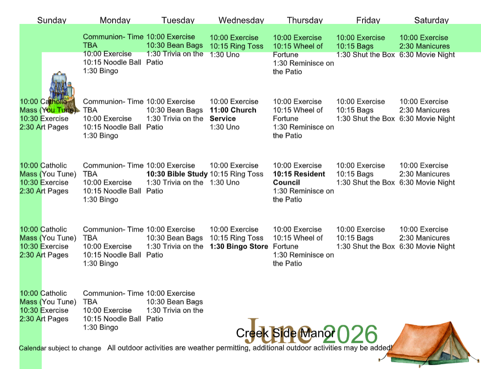 Green weekly camp schedule with columns for Sunday through Saturday and a tent graphic labeled “Camp 2026.”