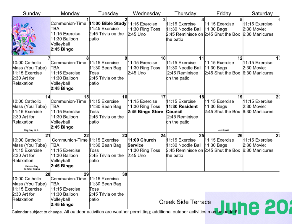 June 2020 monthly calendar with a colorful summer-themed illustration in the corner