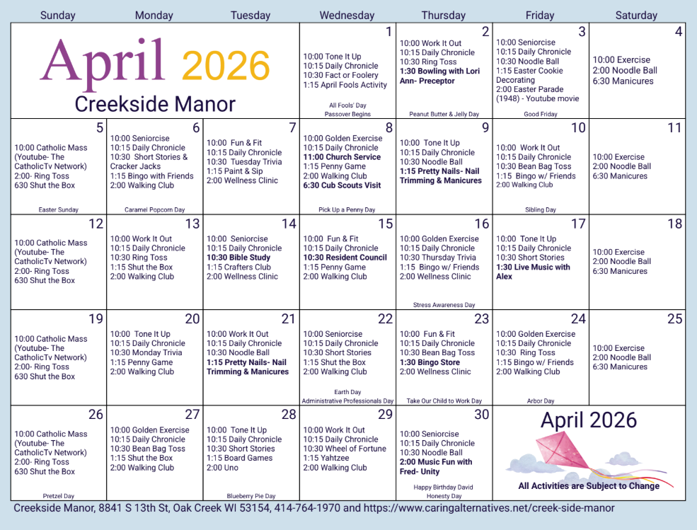 April 2026 calendar for Creekside Manor detailing daily activity schedules with times and event names.