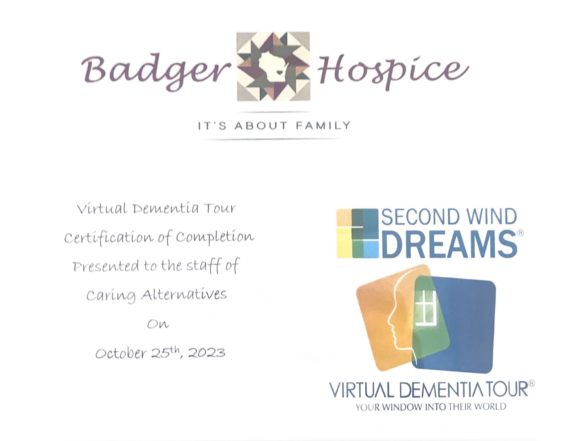 A certificate for badger hospice and second wind dreams