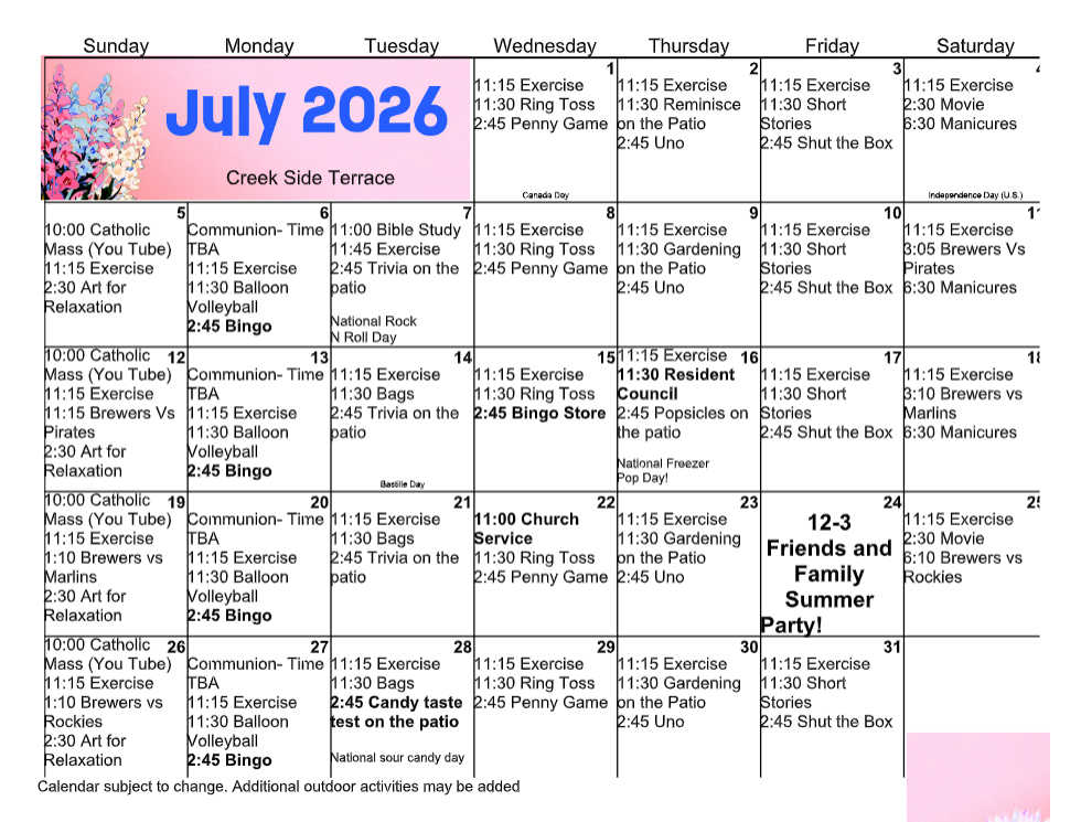 July 2026 calendar for Creek Side Terrace, with daily events and appointments listed.