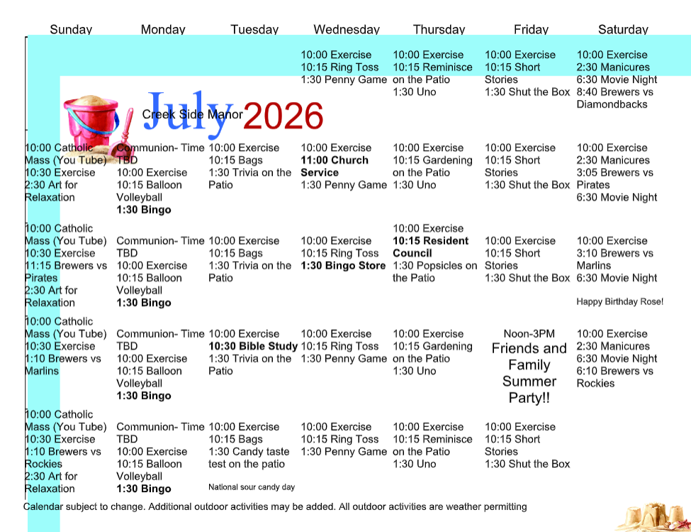 Turquoise July 2026 calendar with daily events and notes laid out in columns