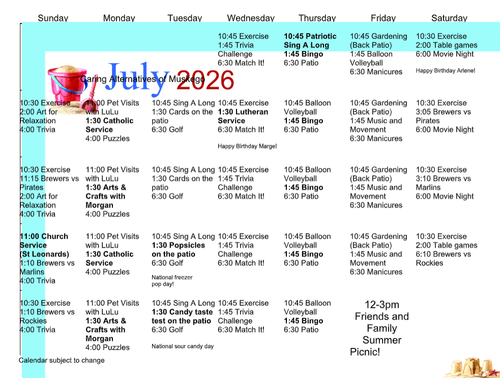 July 2026 monthly calendar with daily schedule notes and teal border