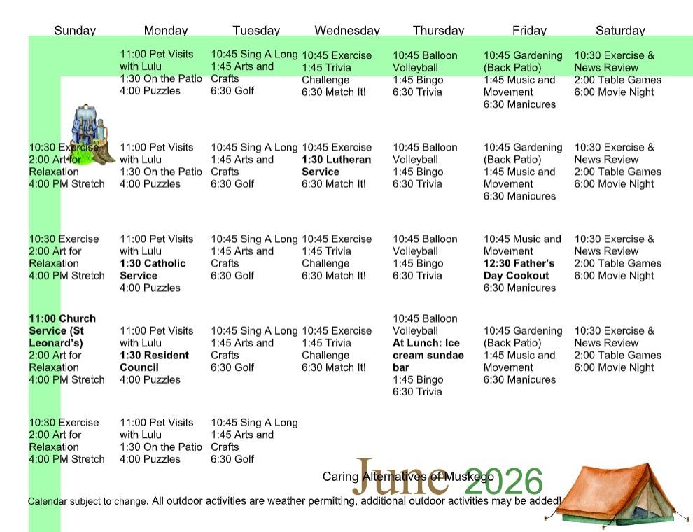 May 2026 caring classrooms of Muskegon weekly calendar with weather note and outdoor message