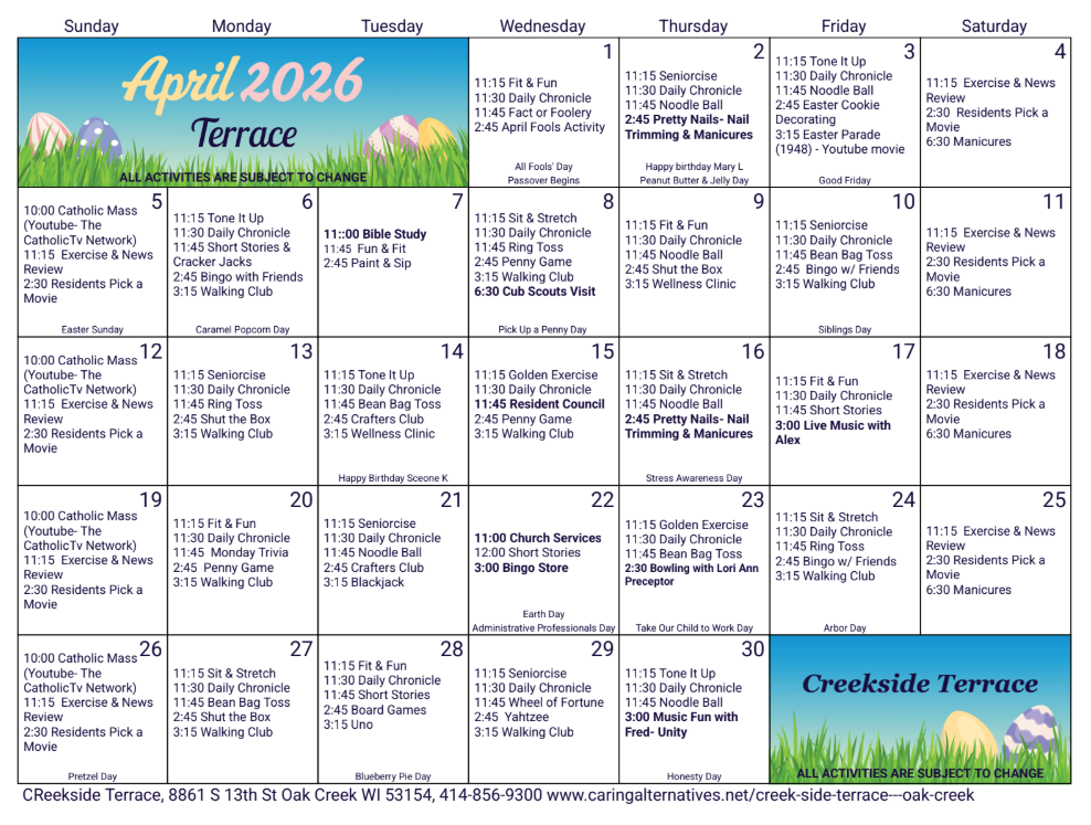 Creekside Terrace activity calendar for April 2026, showing daily scheduled events in a grid format with seasonal graphics.
