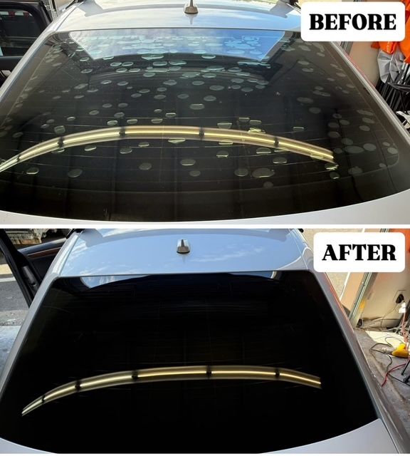 Before and after photos of a car's rear windshield, showing the removal of water spots.