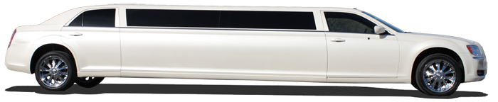 White stretch limousine in side view with tinted windows and chrome wheels.