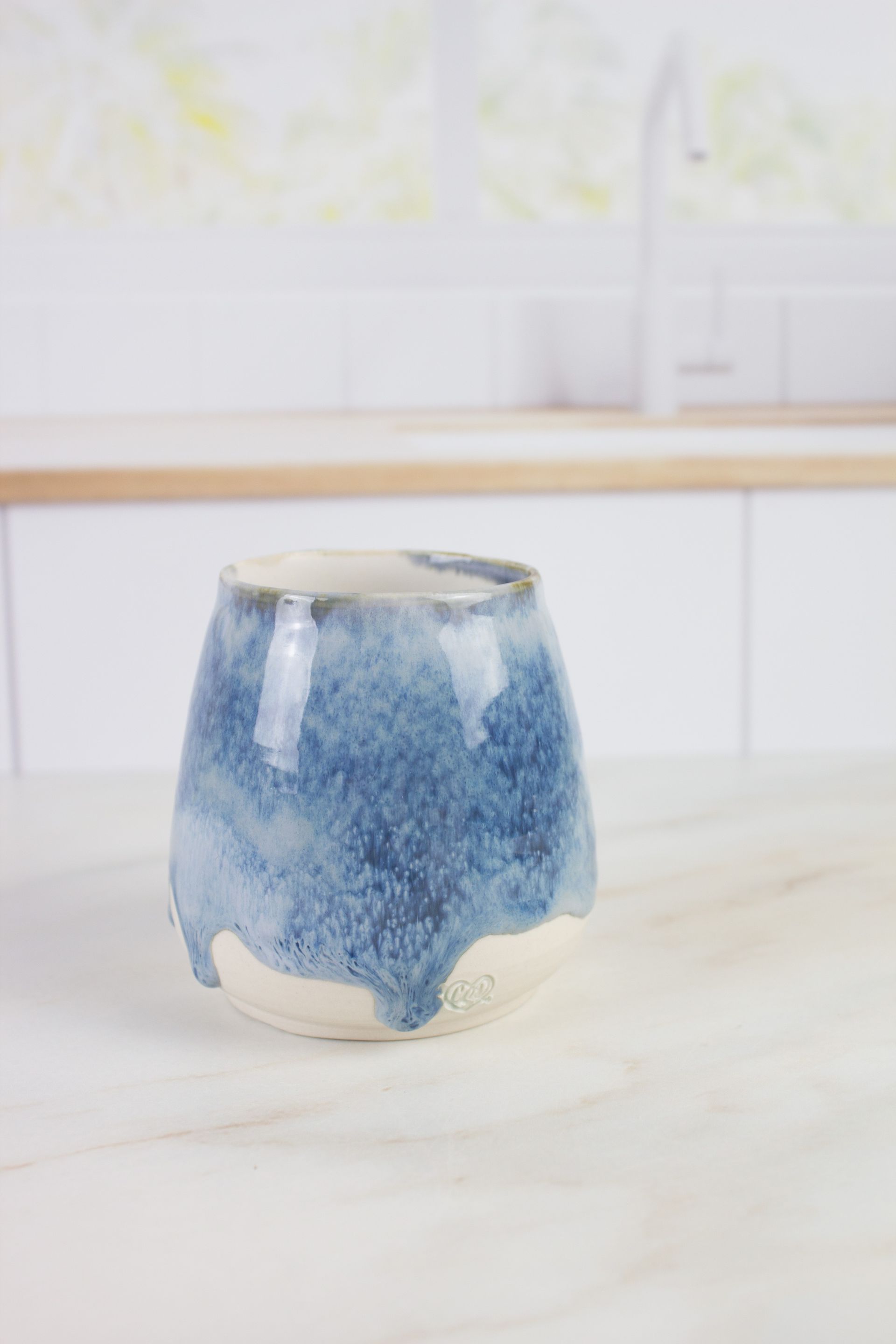 Stemless Wine Glass Blue Drip