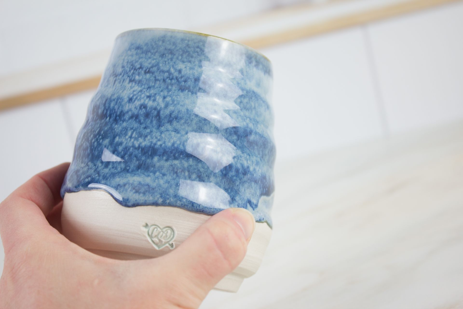 Twisty Stemless Wine Glass with Blue Drip Glaze