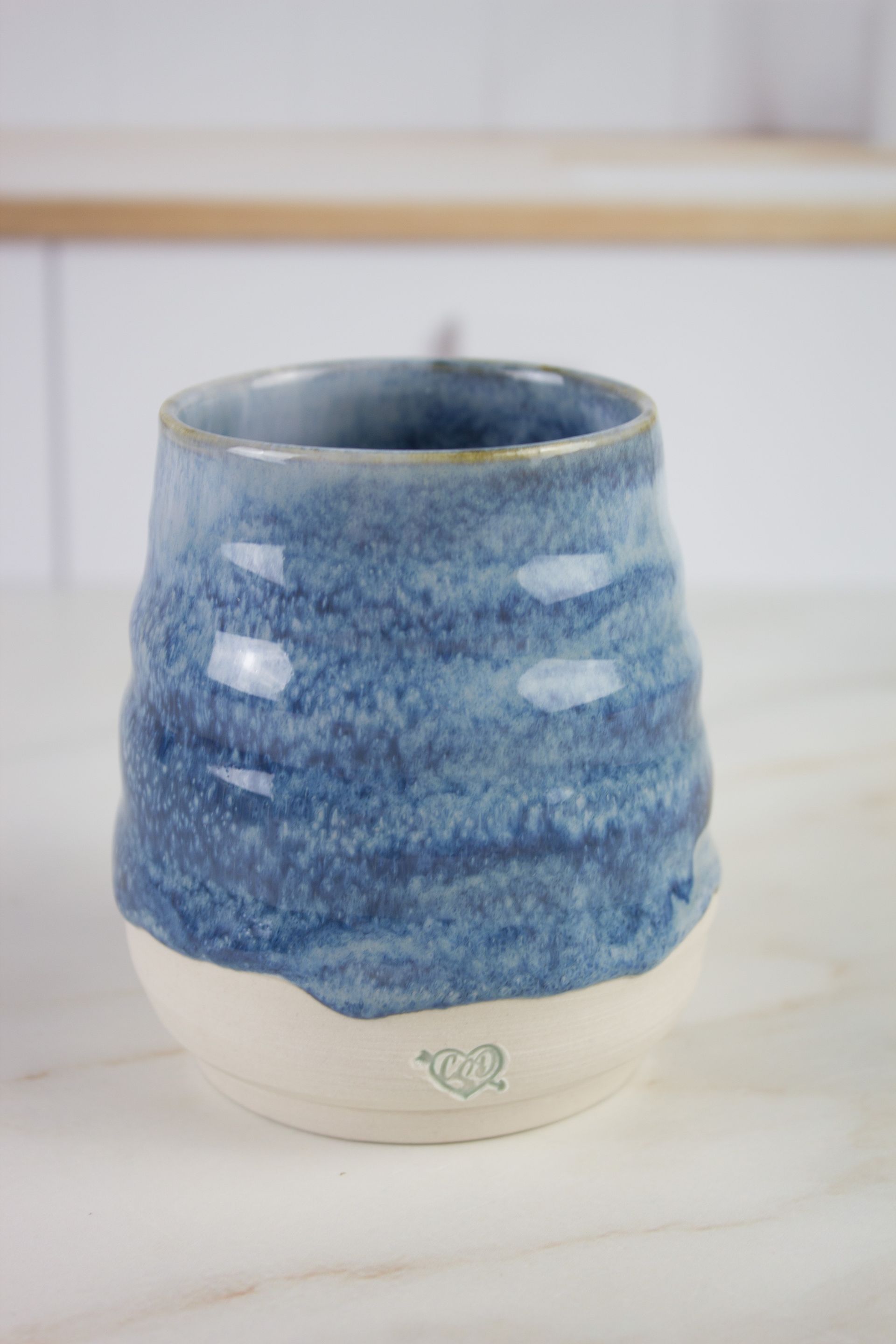 Twisty Stemless Wine Glass with Blue Drip Glaze