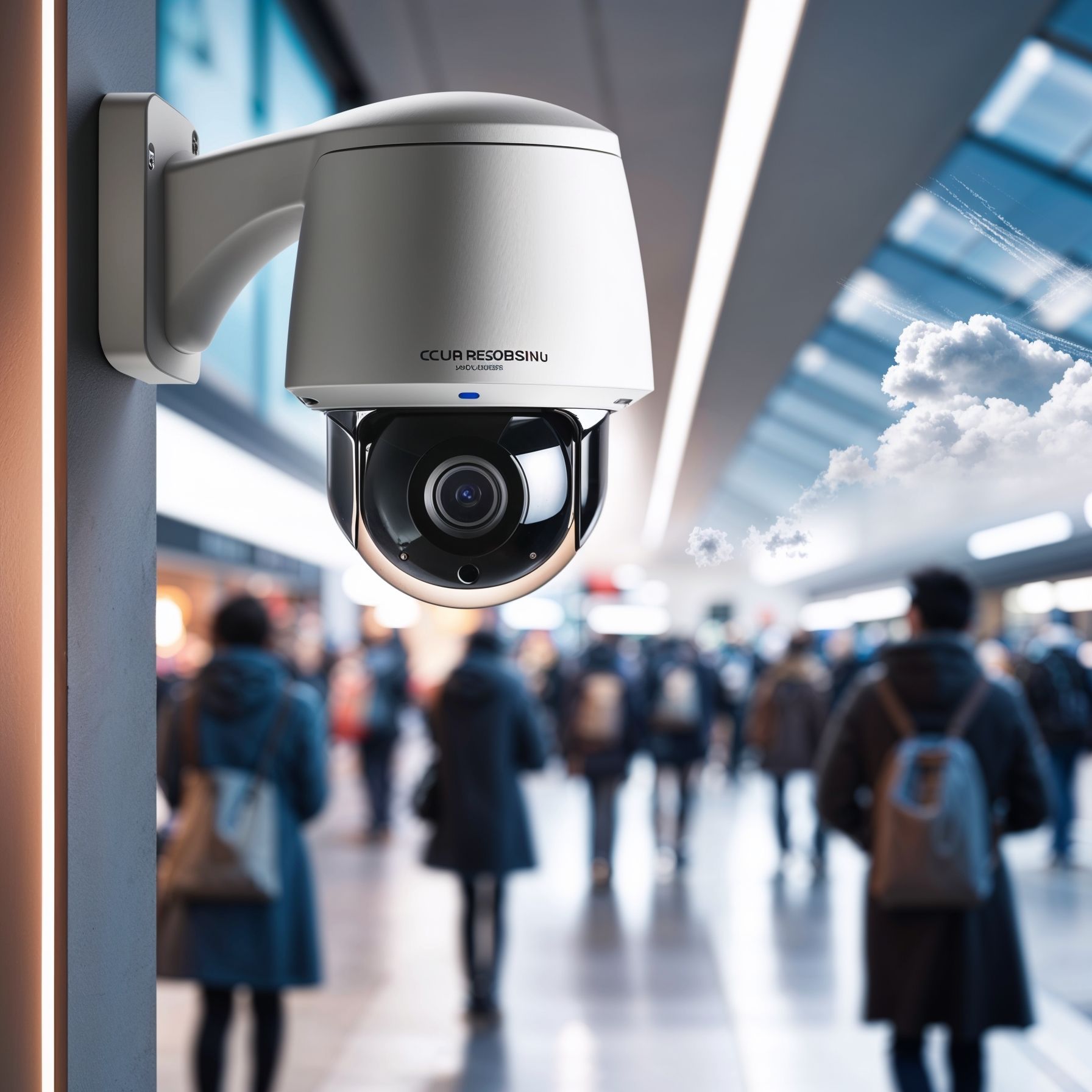 A security camera is mounted on the side of a building