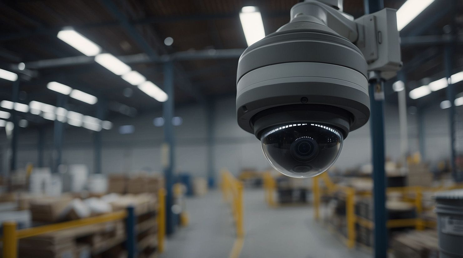 A security camera is hanging from the ceiling of a warehouse.