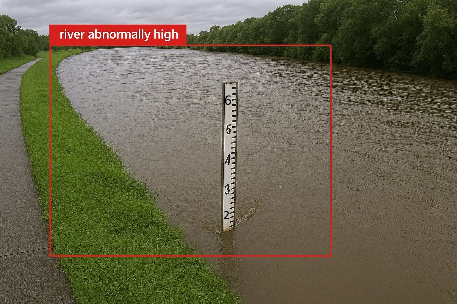 A flooded river with a sign that says river abnormally high