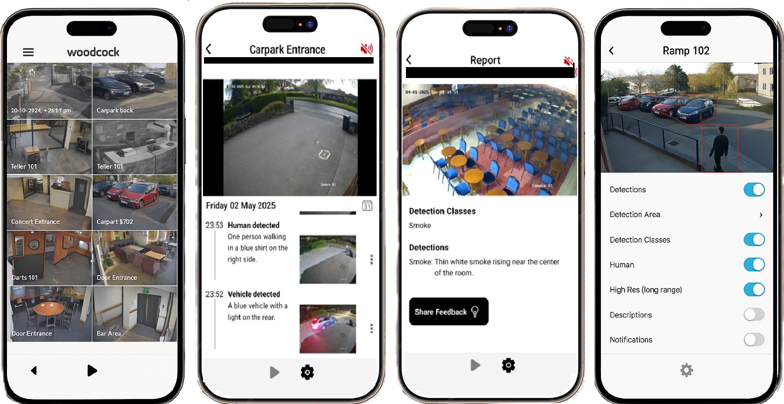 Four cell phones showing different views of a parking lot
