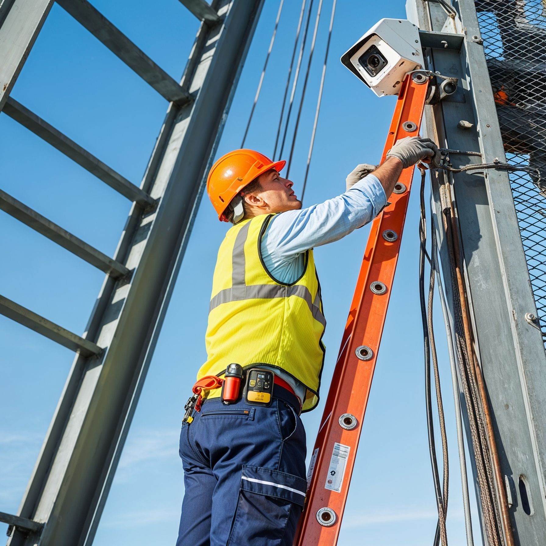 A man on a ladder working on a camera
