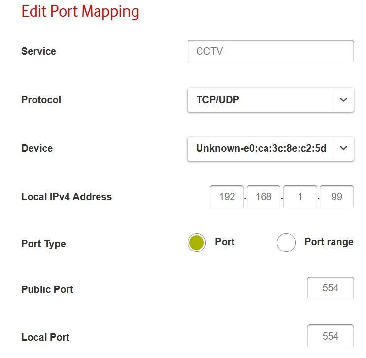A screenshot of the edit port mapping page