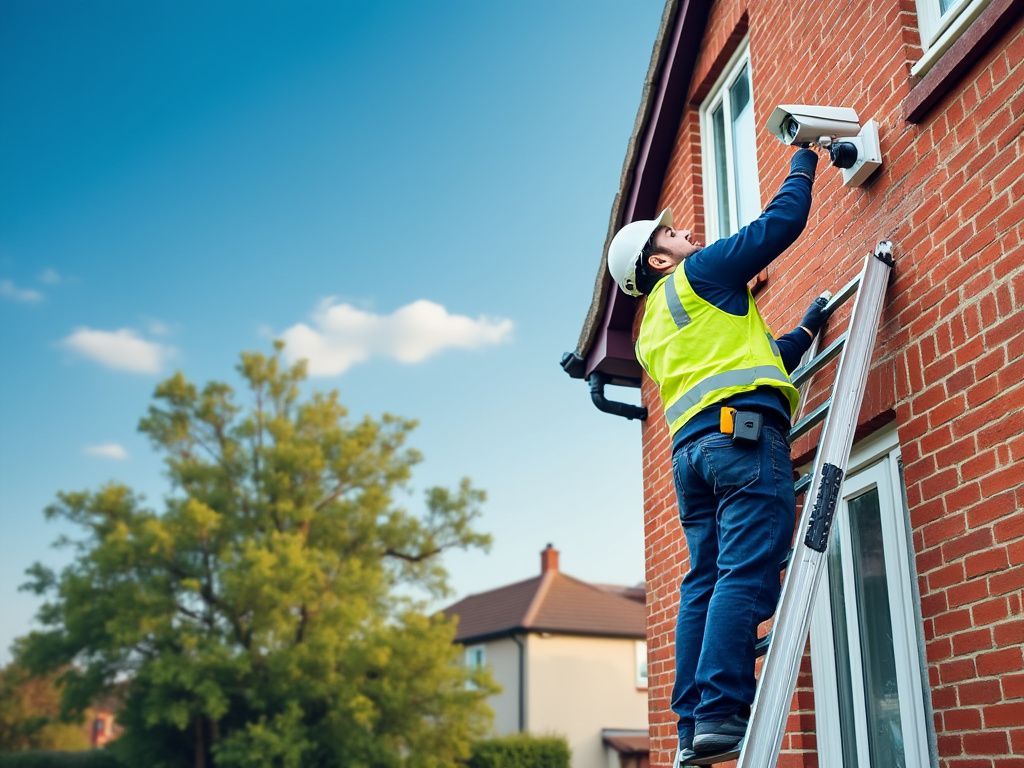 A man is standing on a ladder installing a security camera on a brick building.