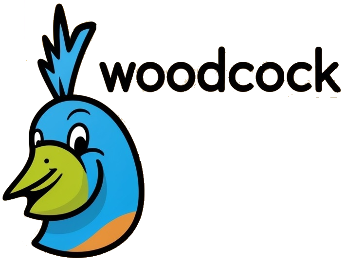A logo for woodcock with a cartoon peacock head