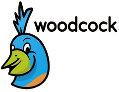 A logo for woodcock with a cartoon peacock head
