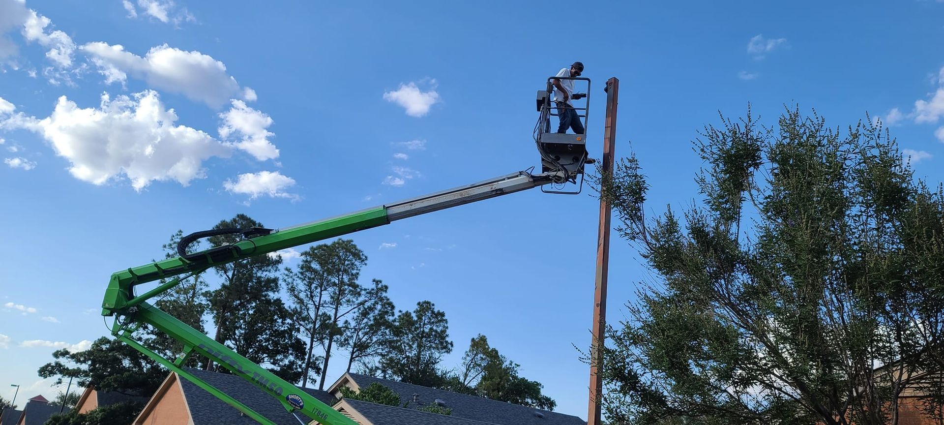 A man is standing on a crane cutting a tree.