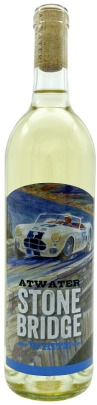 Bottle of Atwater Stone Bridge wine with a car on the label. Corked bottle, light yellow liquid.