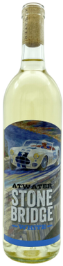 Bottle of Atwater Stone Bridge wine with a car on the label. Corked bottle, light yellow liquid.