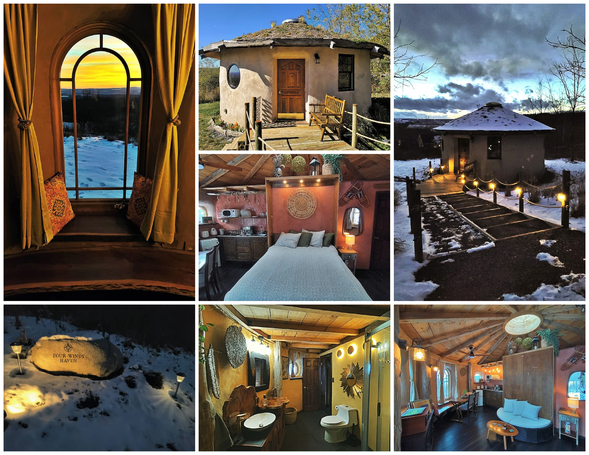Collage of six photos showing a round, rustic earthen building with interior and exterior views, including a snowy landscape and cozy interiors.