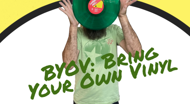 Person holding a green vinyl record, text 