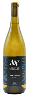 Bottle of Atwater Vineyards Chardonnay Reserve 2023 with a dark label and gold foil top on a white background