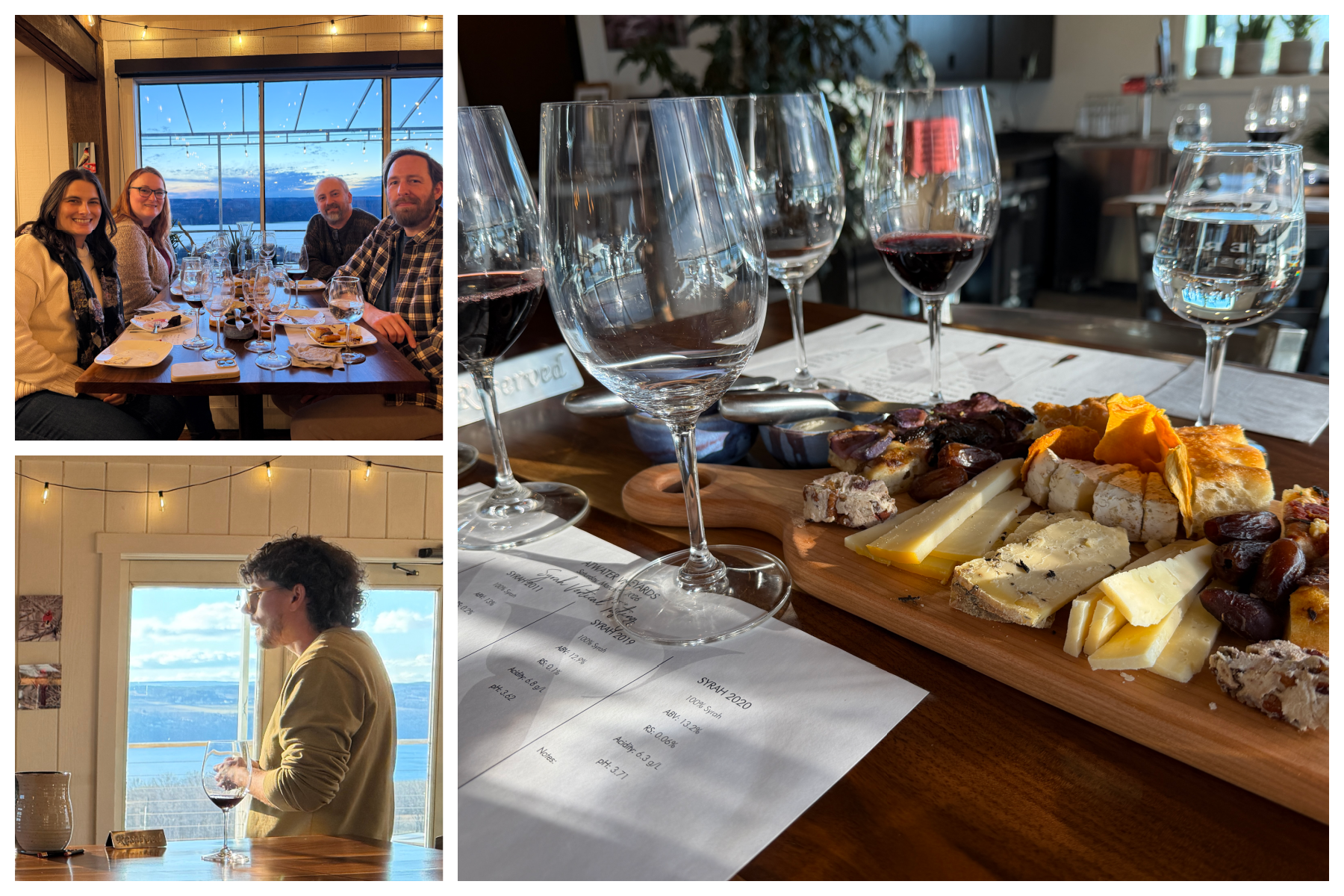 Three photos show a group of people enjoying wine and a charcuterie board at a table overlooking a scenic water view.