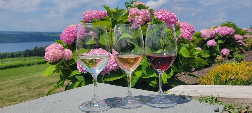 Three glasses of white, rosé, and red wine sit on a stone ledge before vibrant pink hydrangea bushes and a lake view.