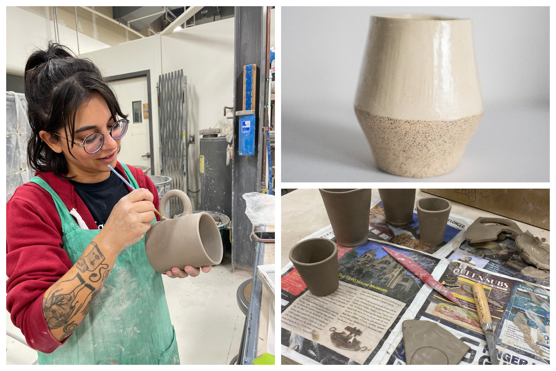 Woman applying glaze to mug in pottery studio; examples of pottery.