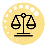 A scale of justice icon in a yellow circle with white dots.