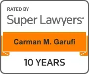 A logo for super lawyers rated by carman m. garufi for 10 years.