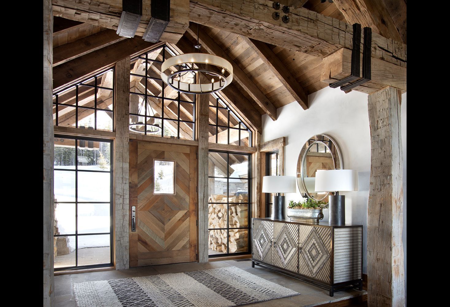 There is a large wooden door in the middle of the room.