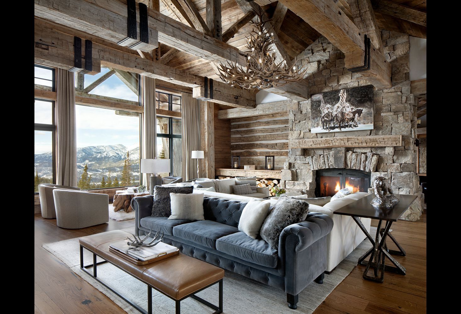 A living room filled with furniture and a fireplace.