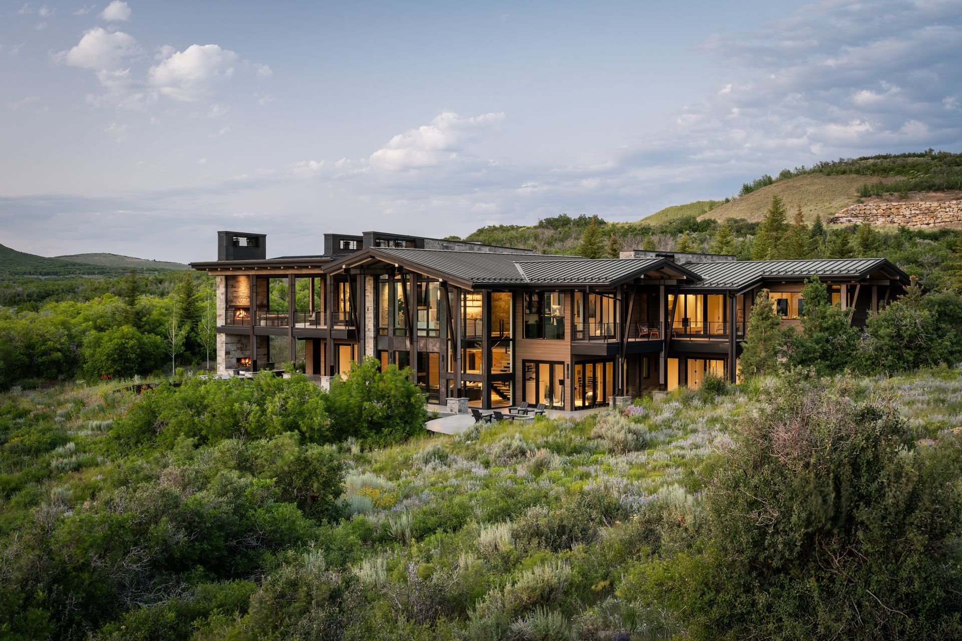 Entryway with two potted trees, stone walls, wood floor, and mountain view.