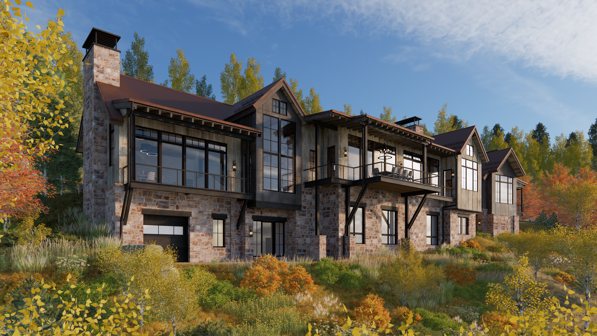 A large house is sitting on top of a hill in the middle of a forest.