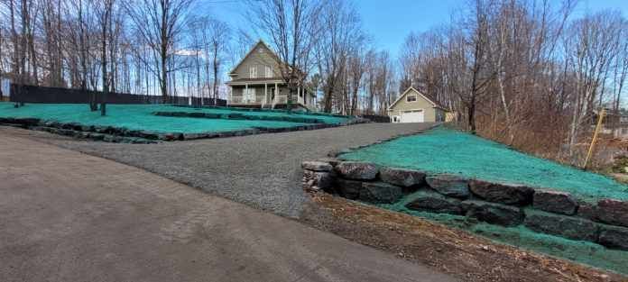 Une allée menant à une maison entourée d'arbres et d'herbe.