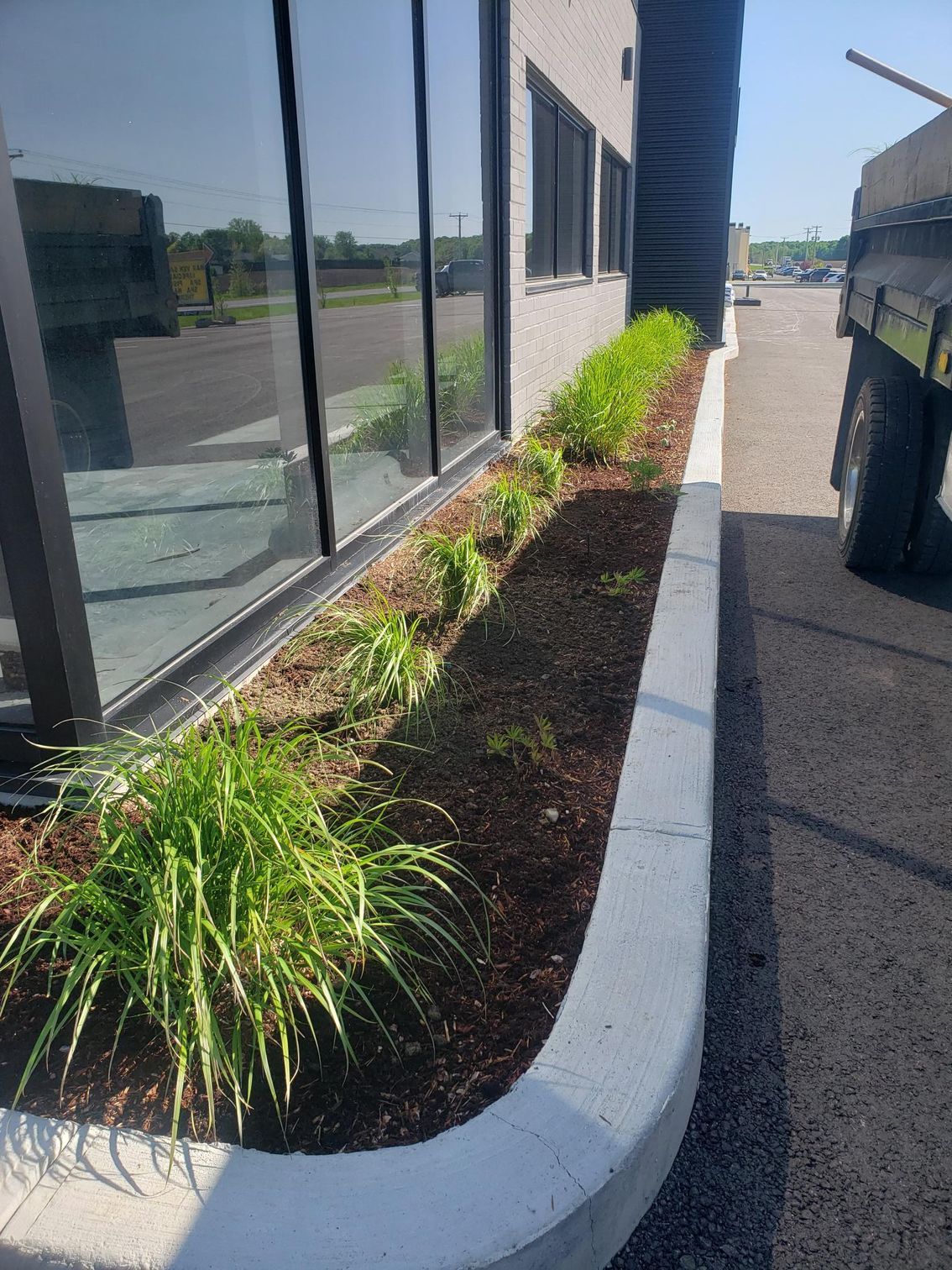 Une jardinière avec des plantes poussant devant un bâtiment.