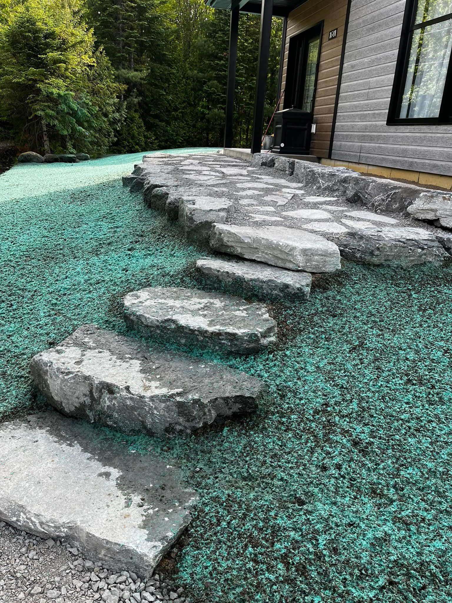 Un chemin de pierre menant à une maison entourée d'herbe verte et de rochers.