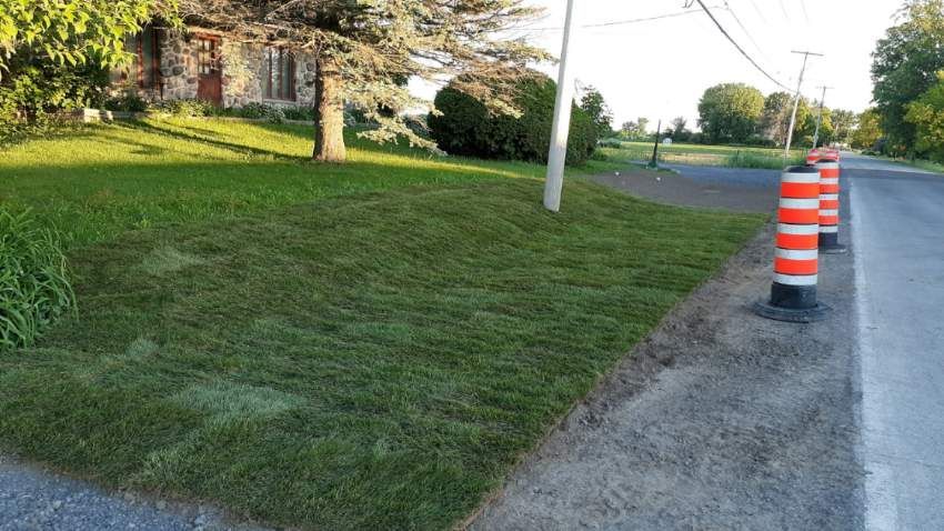 Une rangée de cônes orange et blancs est posée sur le bord d'une route.