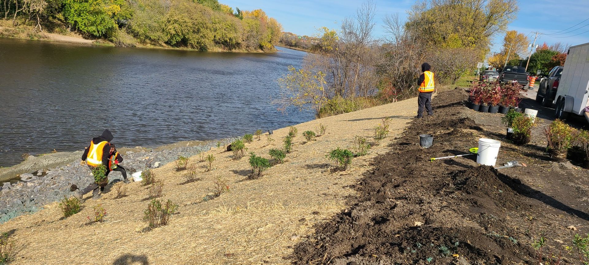 Un groupe de personnes plante des arbres sur la rive d'un lac.