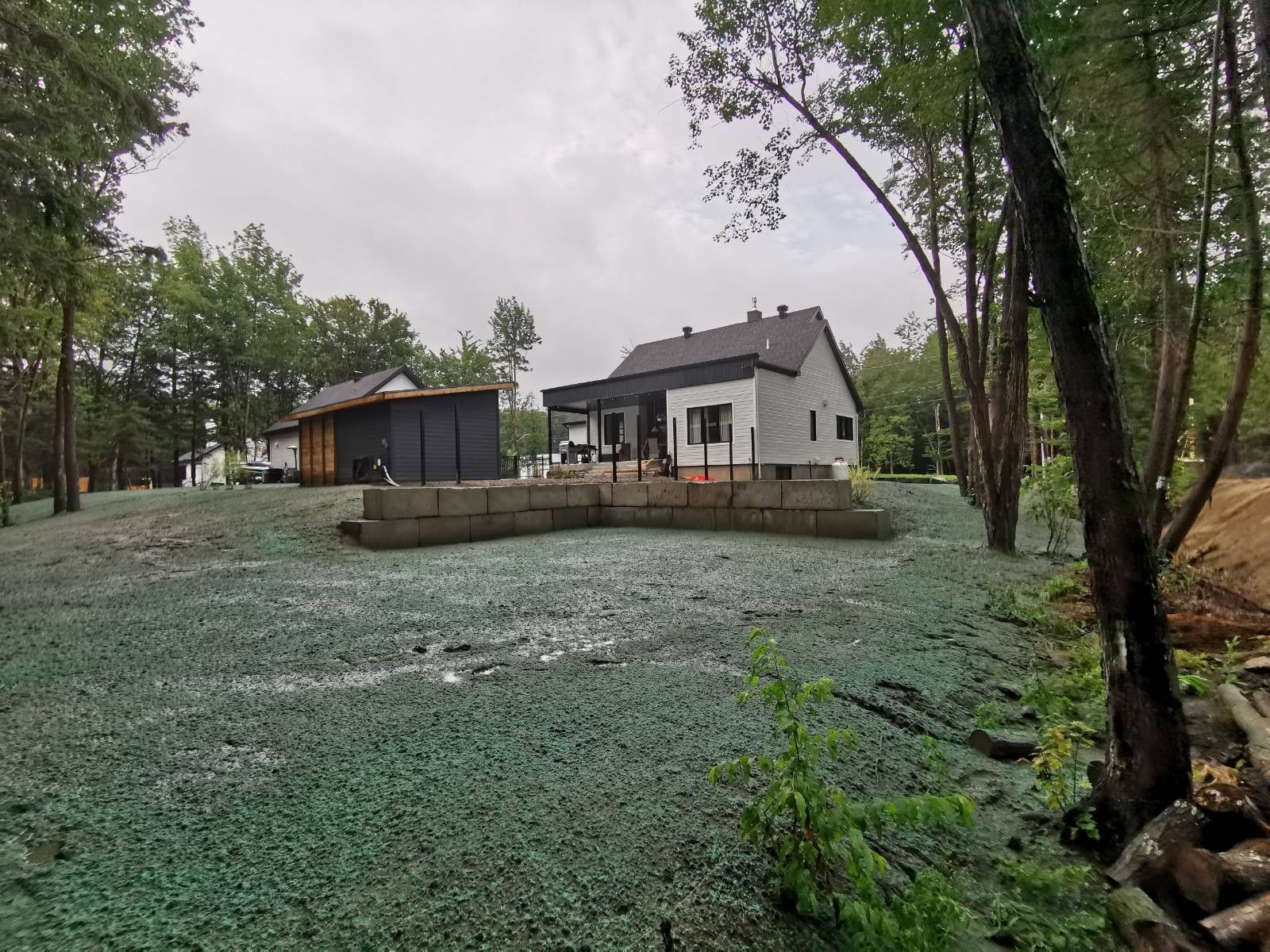 Une maison est assise au sommet d'un champ vert luxuriant entouré d'arbres.