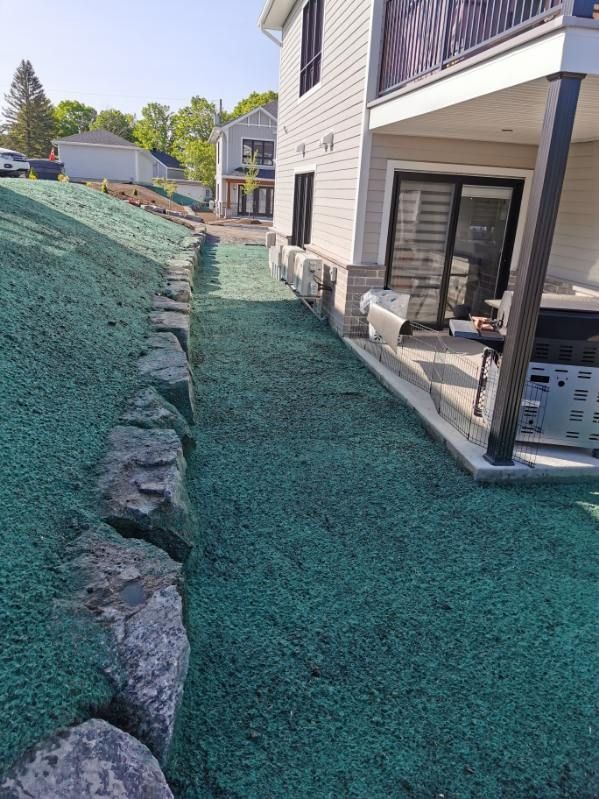 Une maison avec beaucoup d'herbe verte devant.