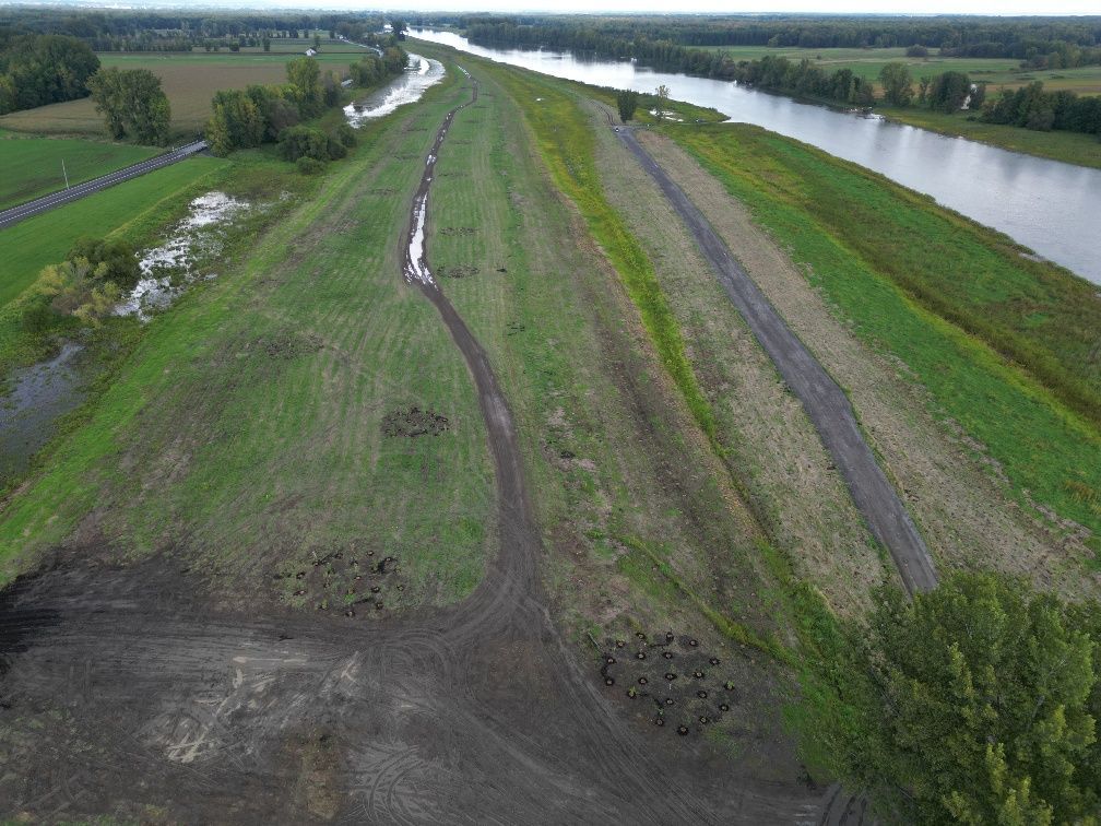 Une vue aérienne d'une rivière entourée de champs et d'arbres.