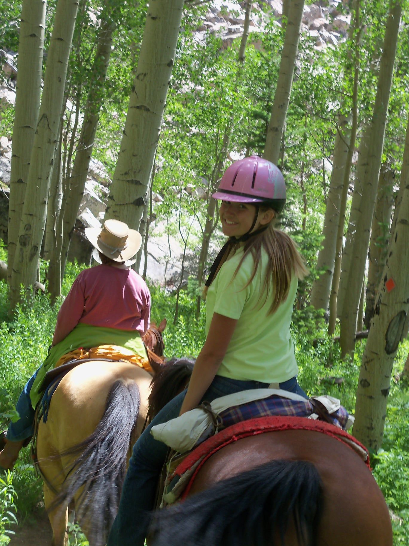 A woman in a pink helmet is riding a horse in the woods.