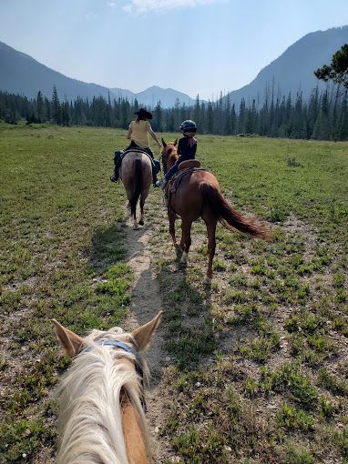 Two people are riding horses in a field with mountains in the background.
