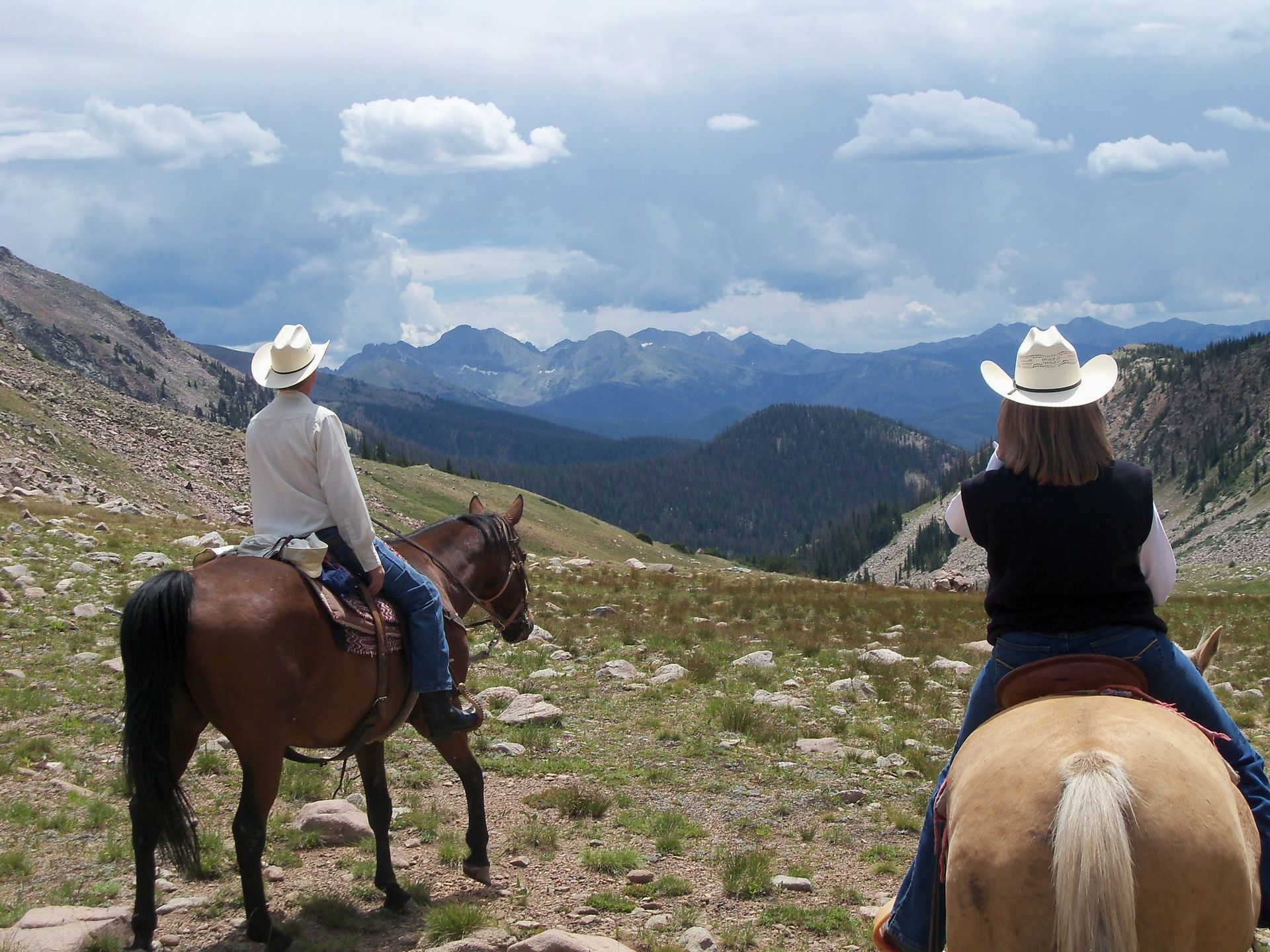A man and a woman are riding horses and looking at the mountains
