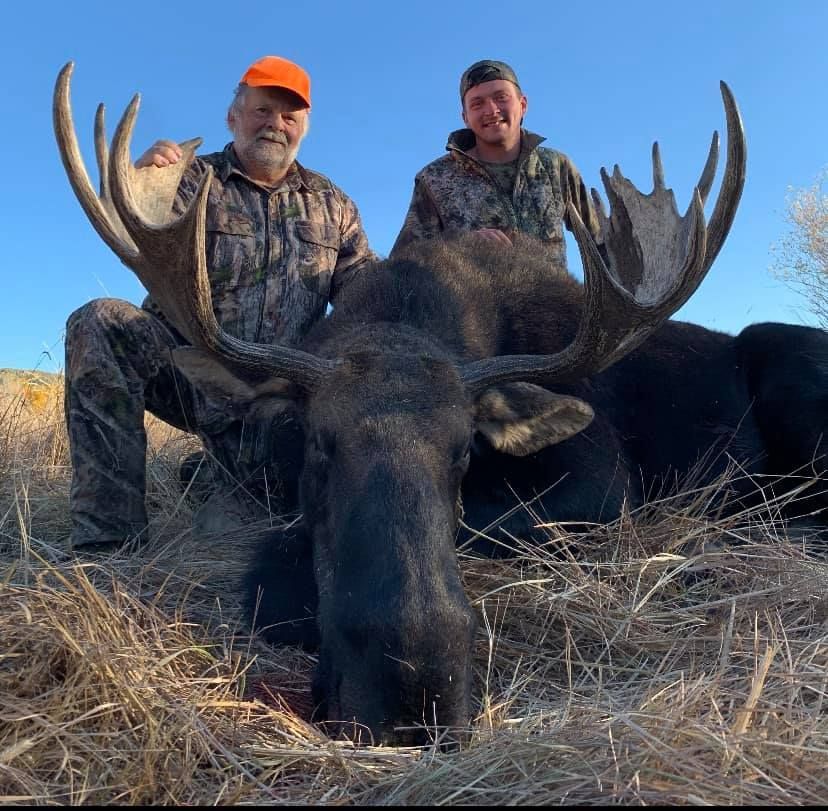 Two men are posing with a moose in the grass